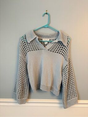 Rachel Zoe Grey Blue Open-Knit V‑Neck Crochet Cropped Sweater Size Small